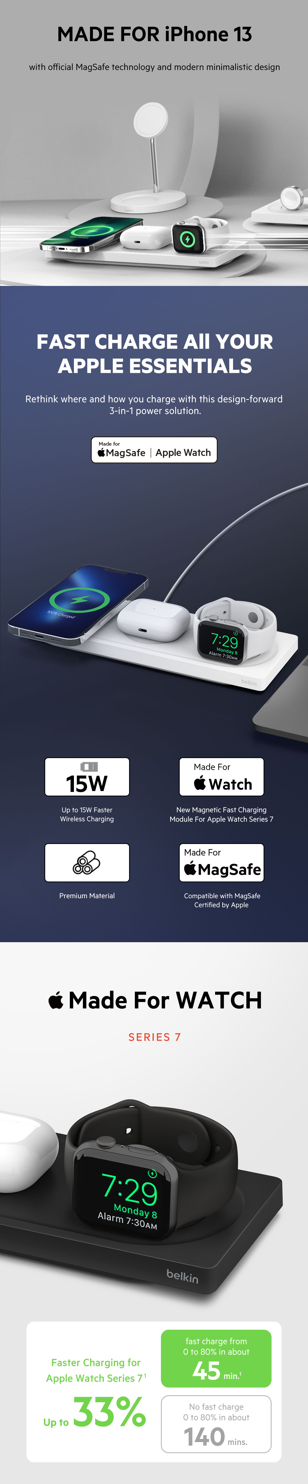 Belkin MagSafe 3-in-1 Wireless Charging Stand for Apple Watch