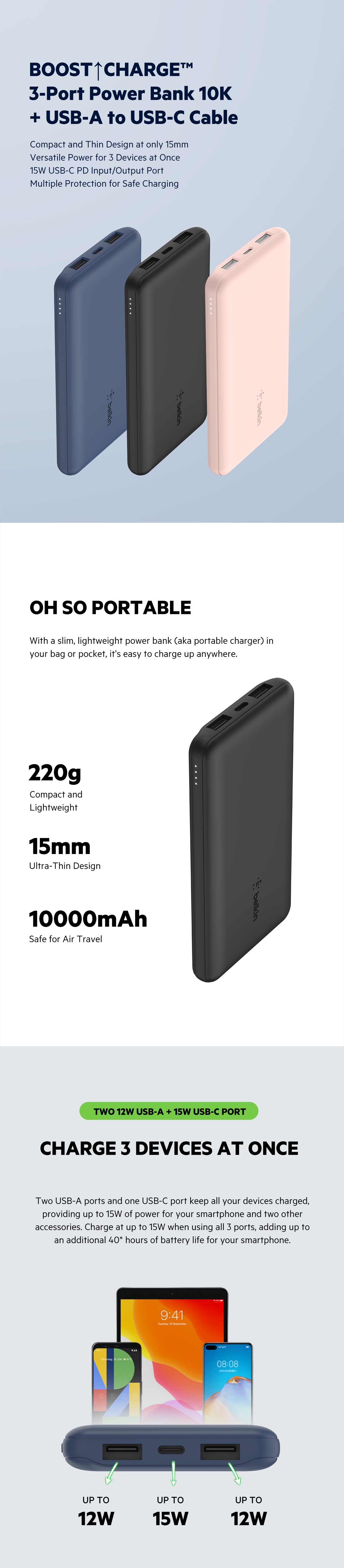 Belkin BOOST CHARGE™ 3-Port Power Bank 10K + USB-A to USB-C Cable